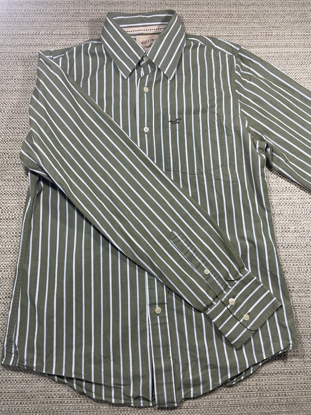 Hollister Y2K Men's Long Sleeve Cotton Button Green, white, blue stripe Med